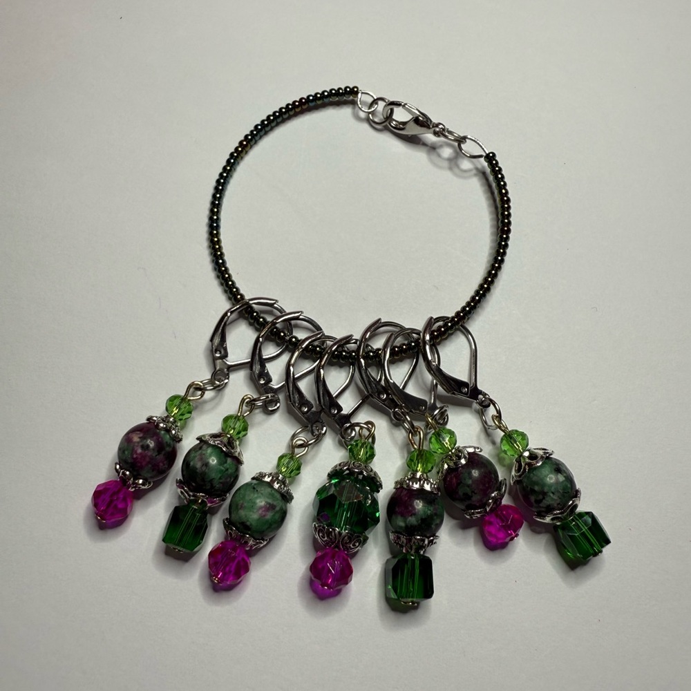 Elegant Green and Pink Handmade Beaded Stitch Markers